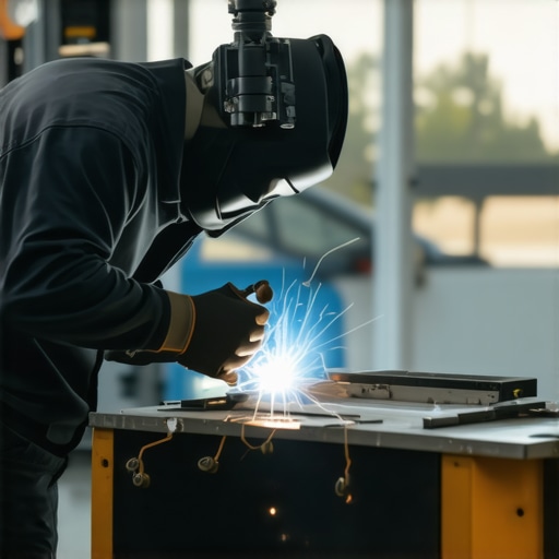 Technician performing laser welding on a vehicle windshield in a professional repair shop.