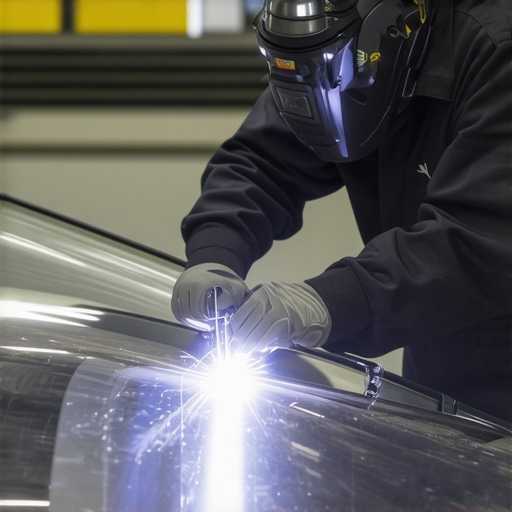 Technician performing laser welding on a car windshield in a modern shop