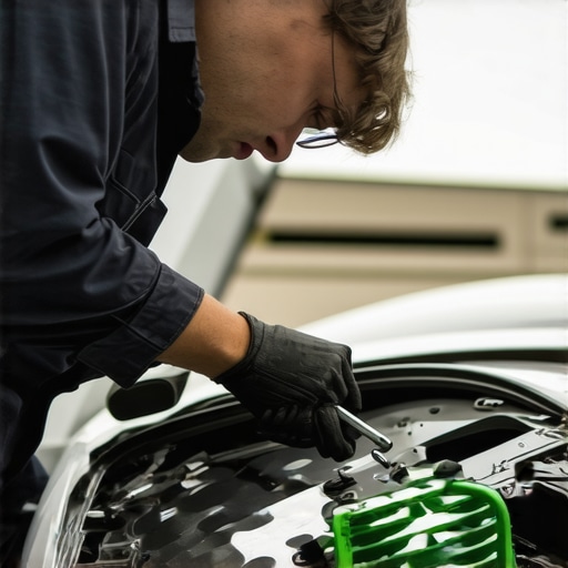 Technician using diagnostic tools to assess windshield damage for repair