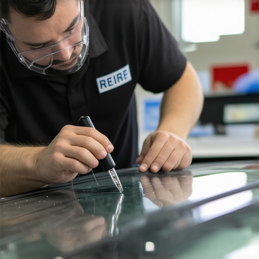 Technician performing advanced windshield repair with high-tech equipment