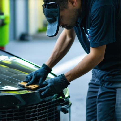 Technician fixing windshield chip outdoors with specialized tools