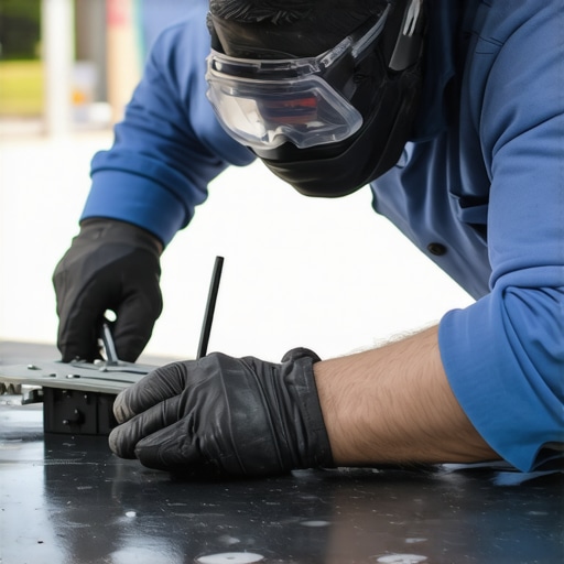 Professional mobile windshield repair technician Technician repairing windshield chip with advanced tools outdoors