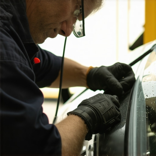 Technician using high-tech equipment to repair car windshield