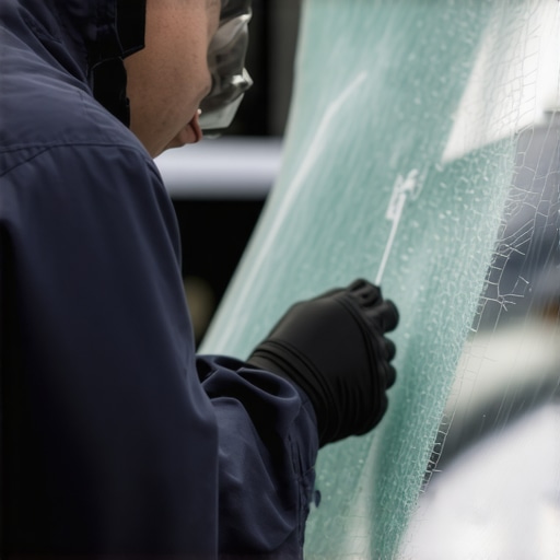Expert Applying Resin for Windshield Repair Technician carefully applying resin to a windshield crack with precision tools in a professional auto repair shop.