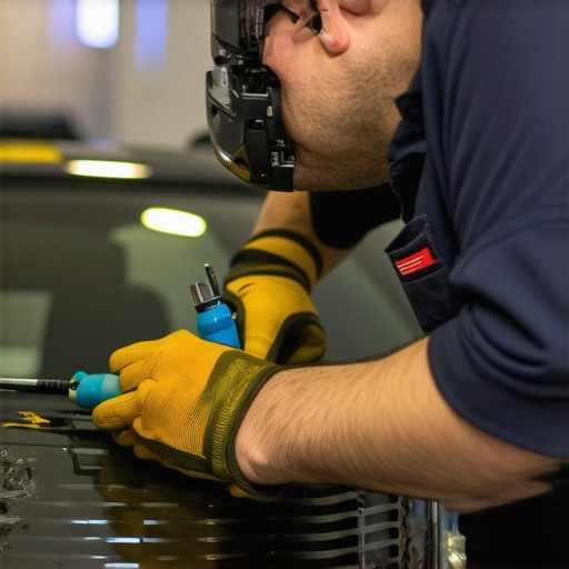Technician repairing windshield with specialized equipment
