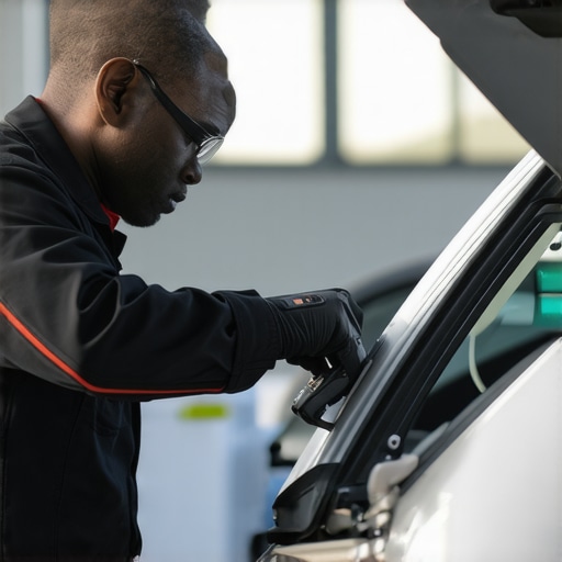 Innovative Tech in Mobile Auto Glass Repair Technician inspecting a car windshield with laser technology