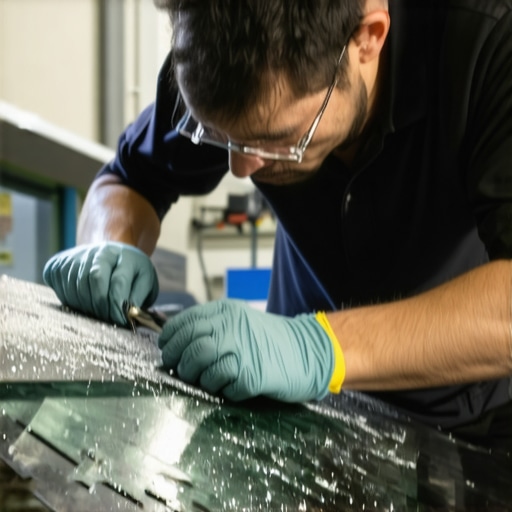 Technician performing a windshield chip repair using advanced resin technology in a professional auto shop.