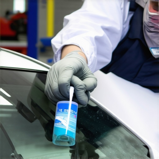 Technician applying adhesive on windshield in repair process