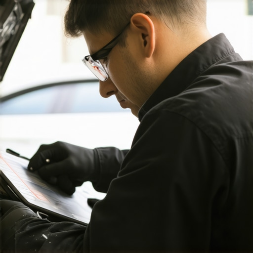 Technician calibrating a car's windshield sensor using high-tech equipment in a modern repair shop