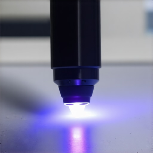 Technician using UV curing light on windshield repair