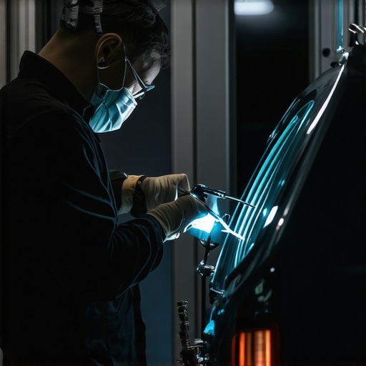 Technician performing mobile windshield repair with high-tech equipment