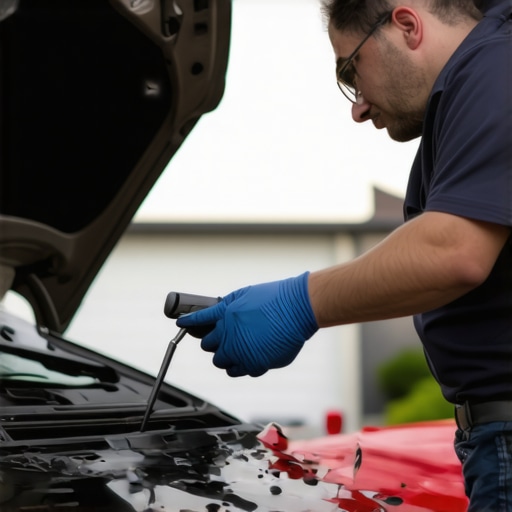 Technician repairing car windshield at customer's location