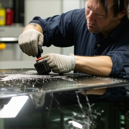 Technician repairing windshield with resin during mobile service