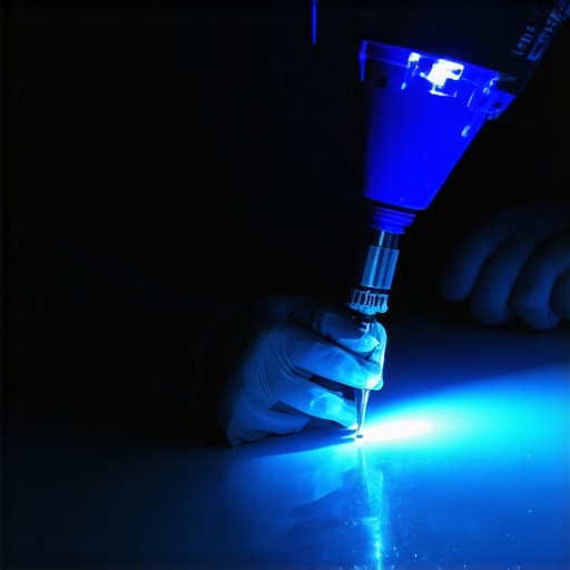 Technician using UV curing lamp and micro-etcher during glass repair process
