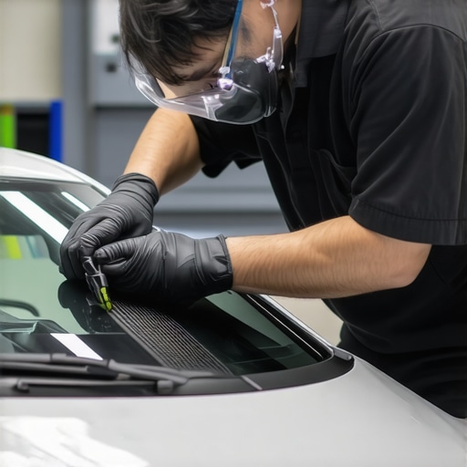 Technician applying nanotech protective coating to vehicle windshield during maintenance