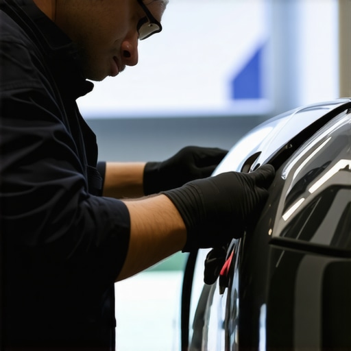 Technician applying UV resin curing to a windshield crack using specialized equipment in a professional repair shop.