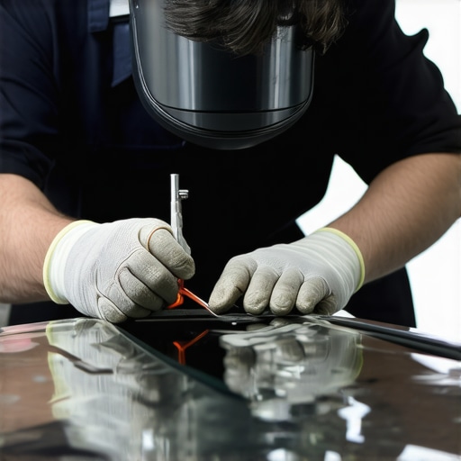 A technician using specialized tools to fix car windshield