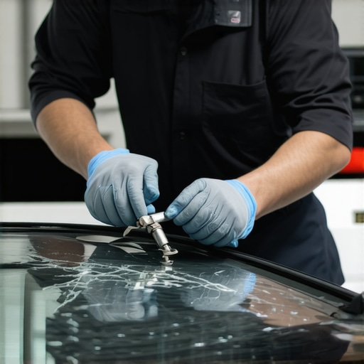 Auto glass technician filling a windshield crack with resin