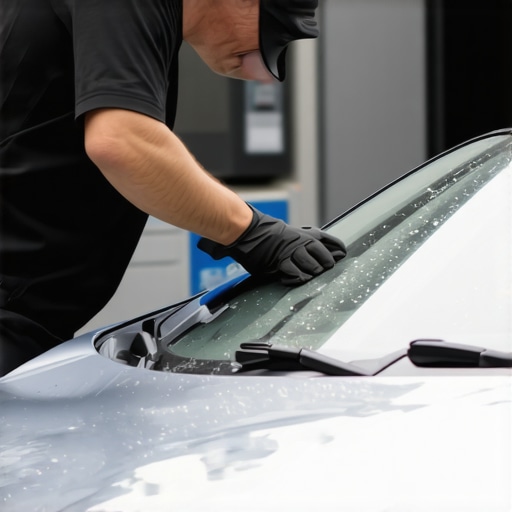 Automobile technician performing windshield chip repair at a customer's location.