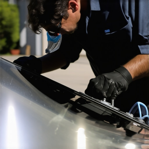 Technician repairing a windshield at a customer's home with professional equipment.