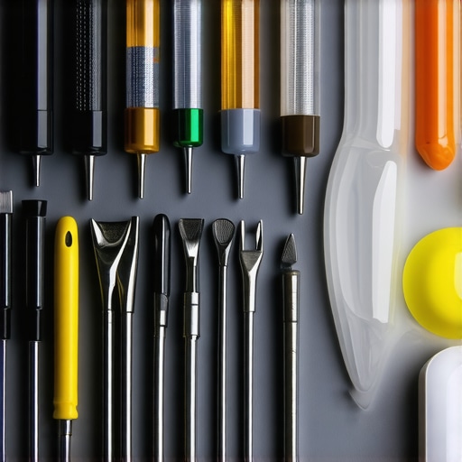 A set of specialized tools used by auto glass technicians for chip repair, highlighting precision instruments and UV curing devices.