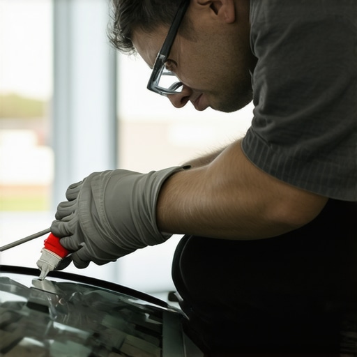 Technician performing windshield chip repair with professional tools