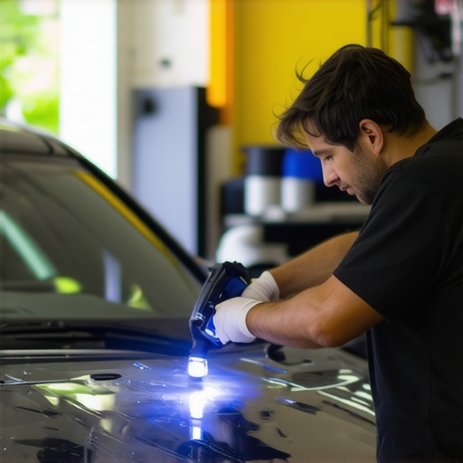 A professional technician applying UV light to a windshield chip repair with a portable device