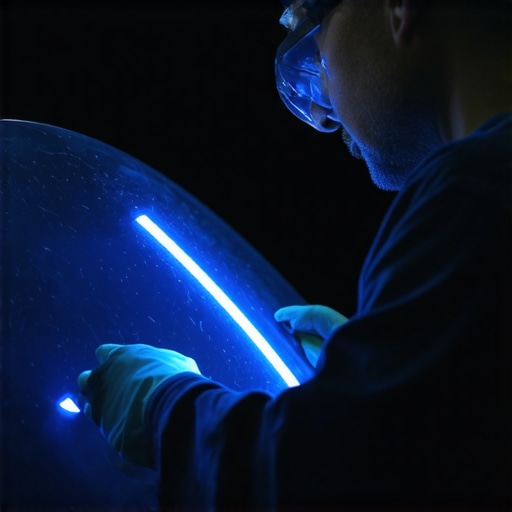Technician inspecting windshield with UV light to ensure proper curing of resin