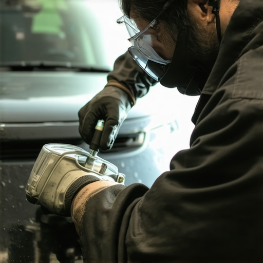 Professional technician applying resin to a car windshield chip
