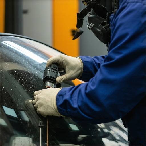 Technician applying resin to fix a crack on a car windshield