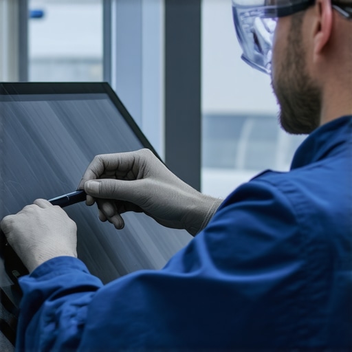 Technician using calibration tools on a vehicle's windshield with sensor indicators.