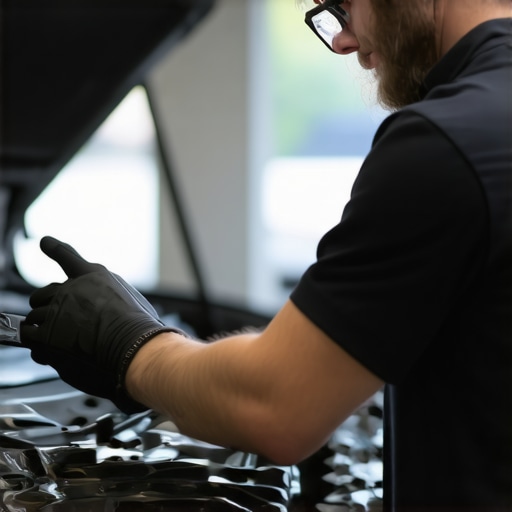 Automotive technician calibrating a vehicle's sensors during windhsield repair