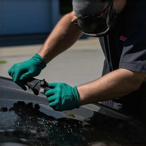 Technician repairing a windshield chip with resin in a mobile service