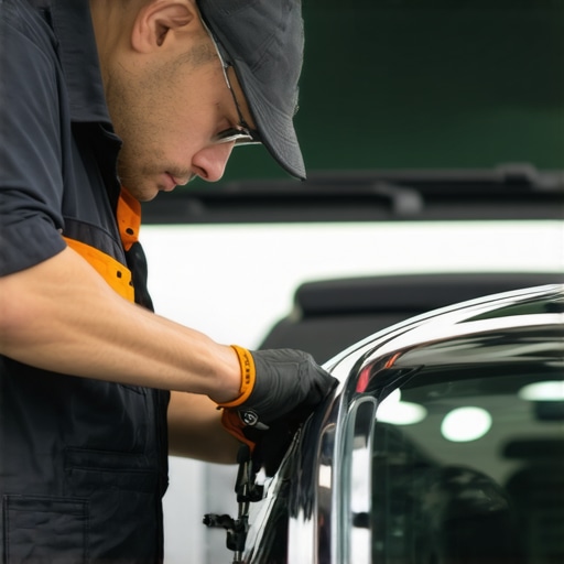 Technician repairing a windshield outdoors at a customer’s location with tools and vehicle