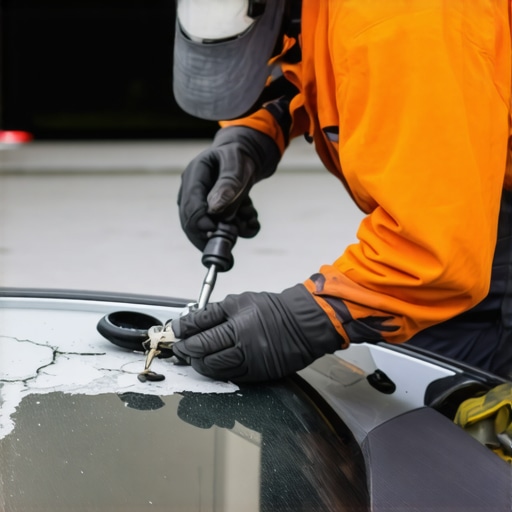 Technician repairing vehicle windshield chip with mobile tools