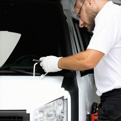 Technician repairing a car's windshield at the customer's driveway with specialized tools.