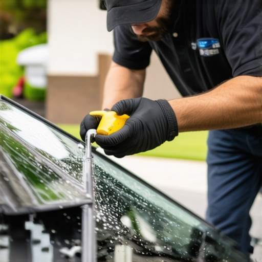 Technician fixing a car's windshield outdoors at a home in daylight