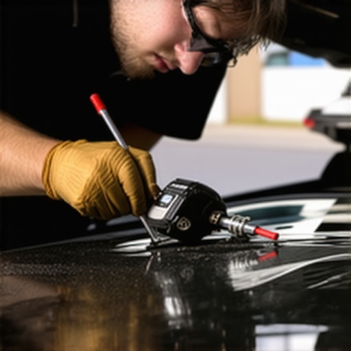 Mobile windshield repair in action Technician repairing a car windshield outdoors with portable equipment.