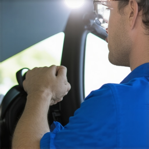 Person inspecting windshield with flashlight to check repair quality