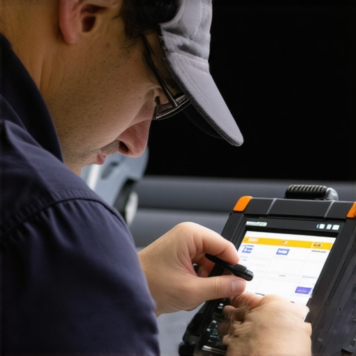 Professional Calibration of Windshield Sensors in the Field Technician performing sensor calibration on vehicle windshield with portable tools