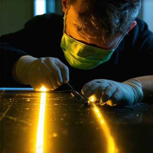 Technician applying resin to a windshield crack using UV light in a modern auto repair shop